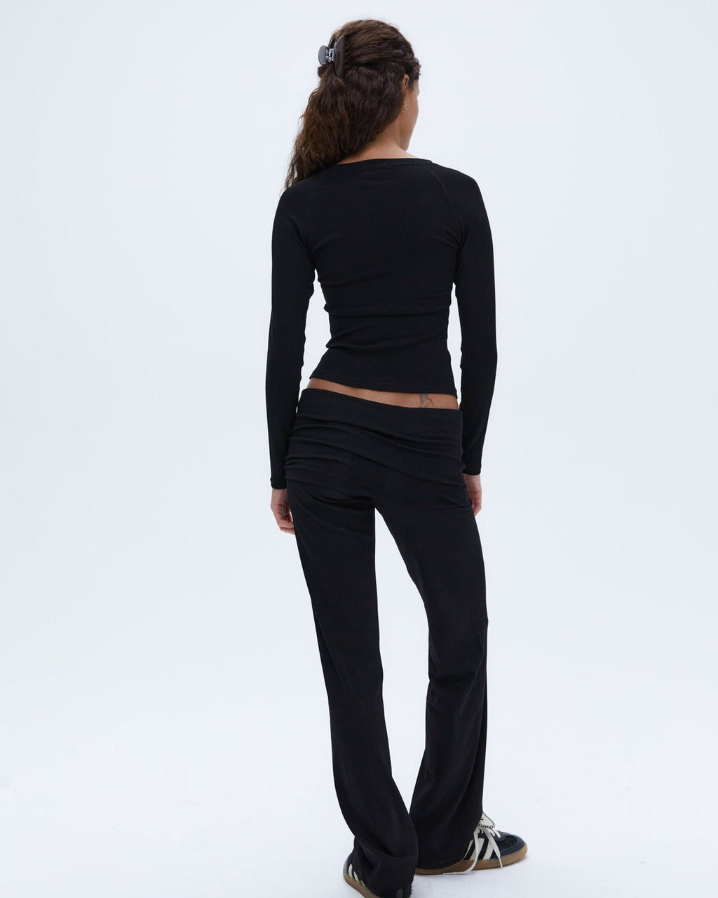 Rib Fold Over Pants - Black