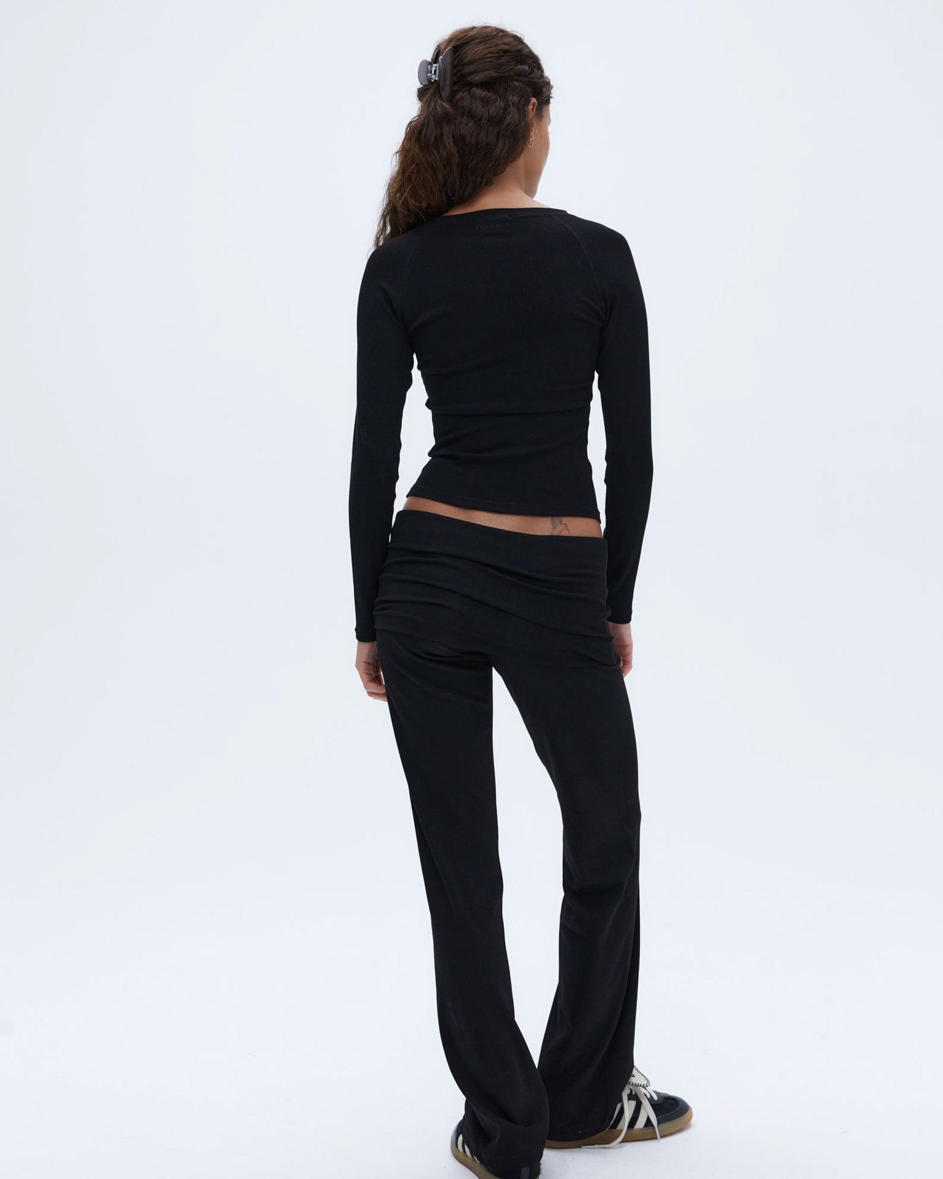Rib Fold Over Pants - Black