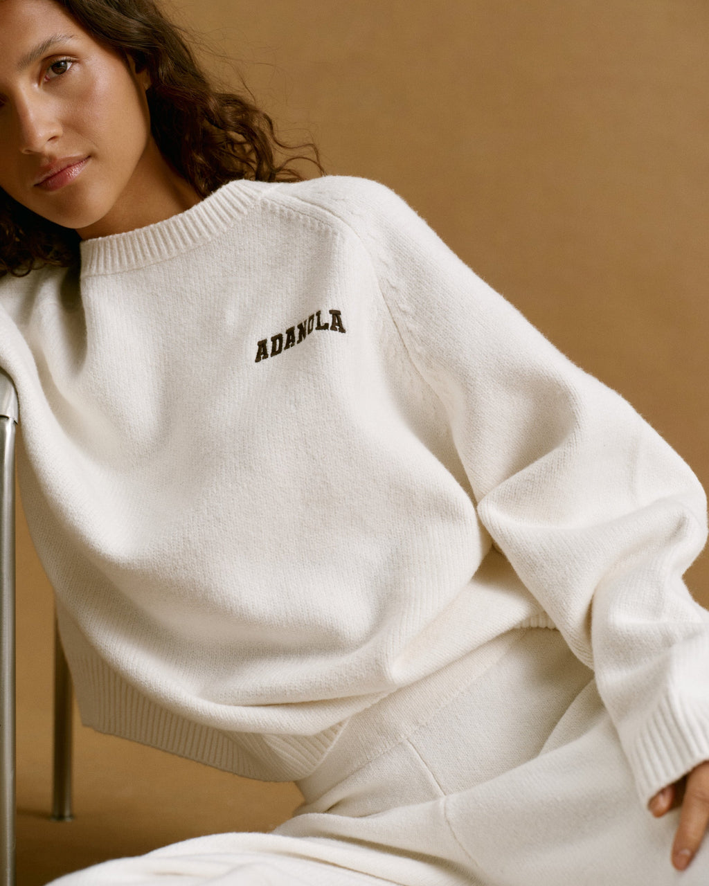 Chest Varsity Oversized Knit Sweatshirt - Cream/Coffee Bean
