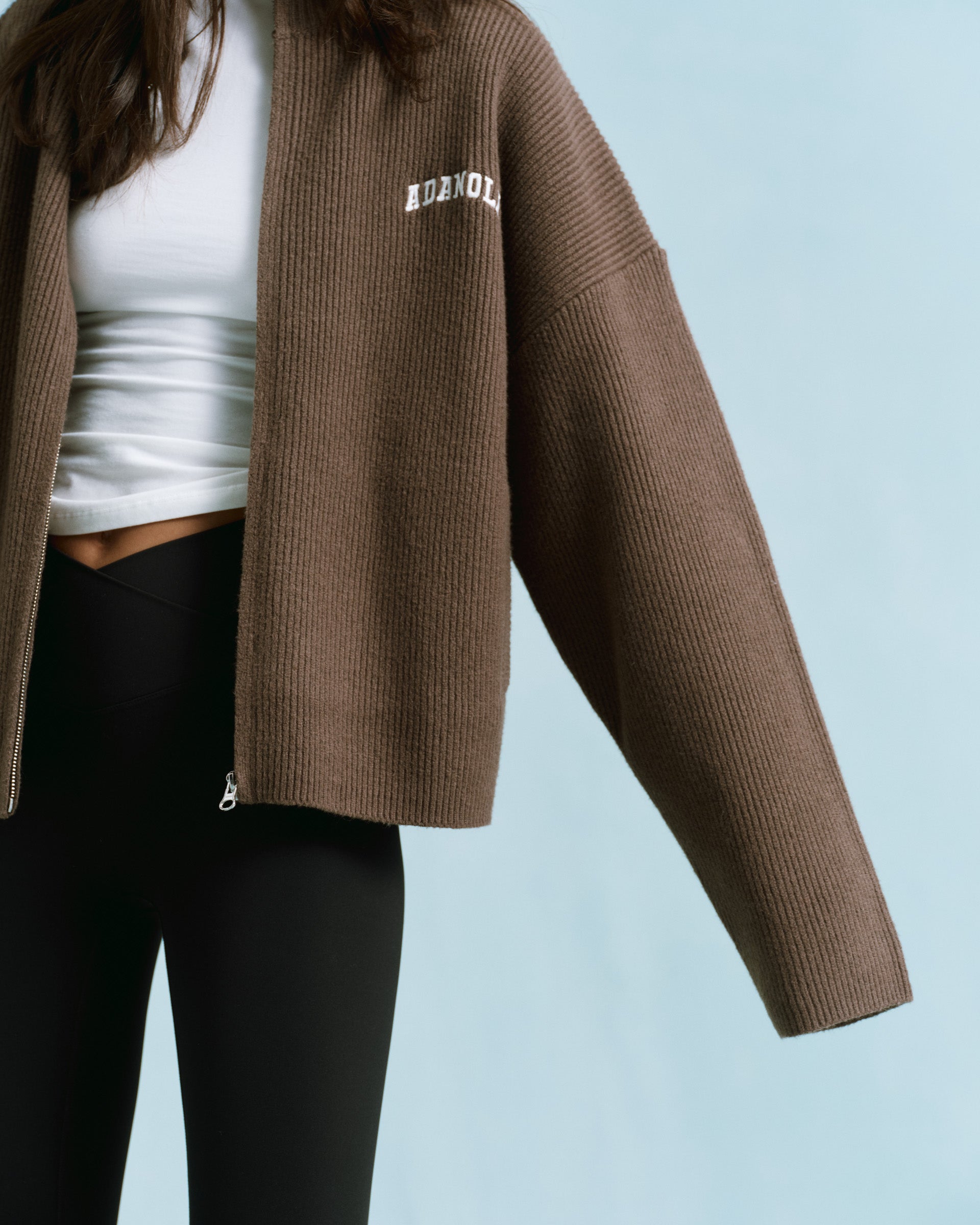 Ribbed Zip Through Knit Sweatshirt - Dark Cocoa Brown