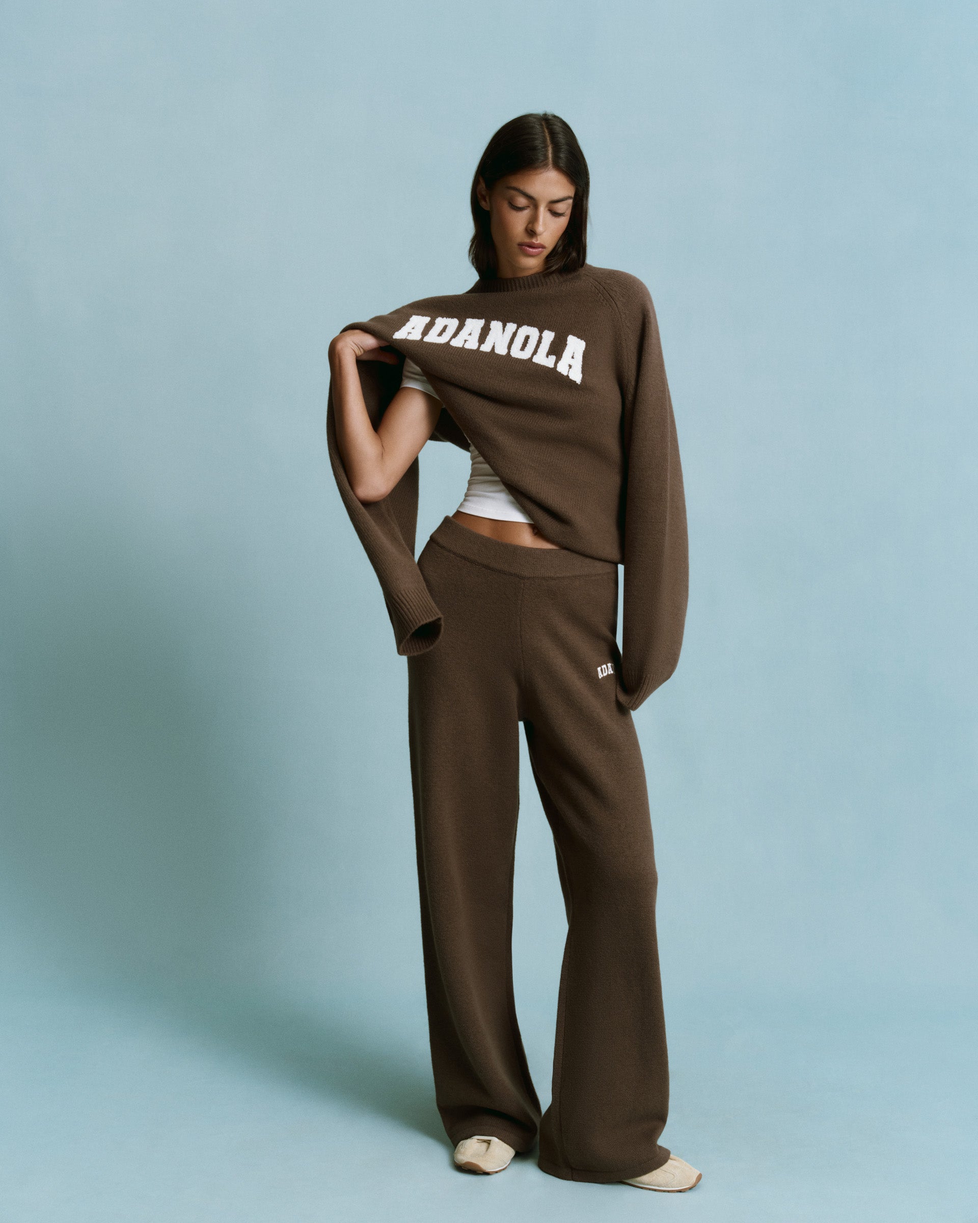 Varsity Boucle Oversized Knit Sweatshirt - Dark Cocoa Brown/Marshmallow White