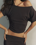 Short Sleeve Ruched Side Top - Coffee Bean