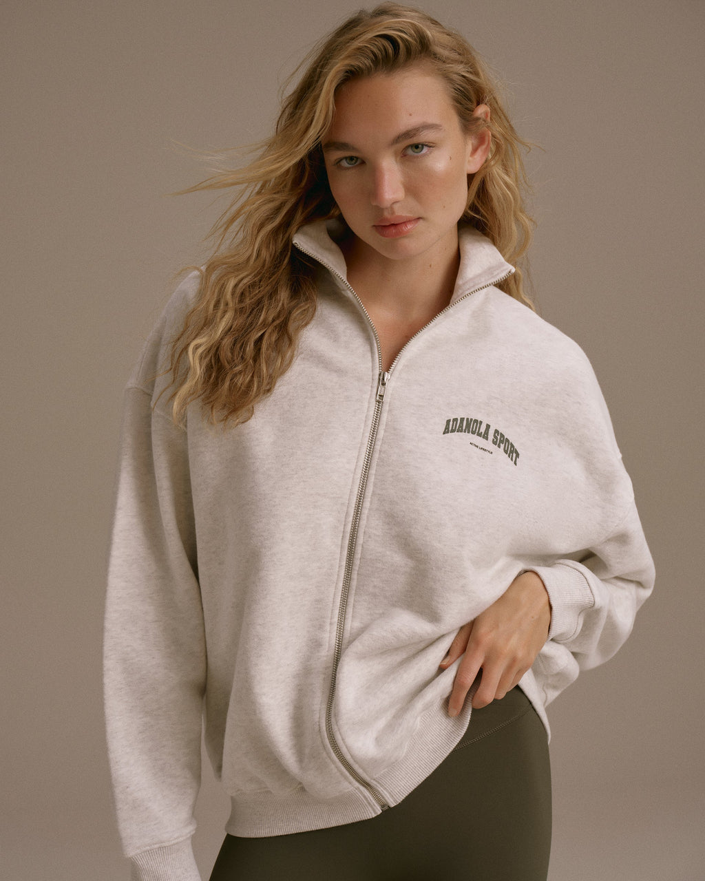 AS Oversized Full Zip Funnel Neck Sweatshirt - Light Grey Melange/Dark Olive