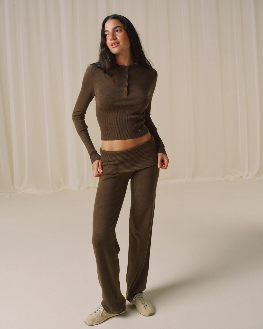 Knit Button Up Top - Dark Mocha Brown