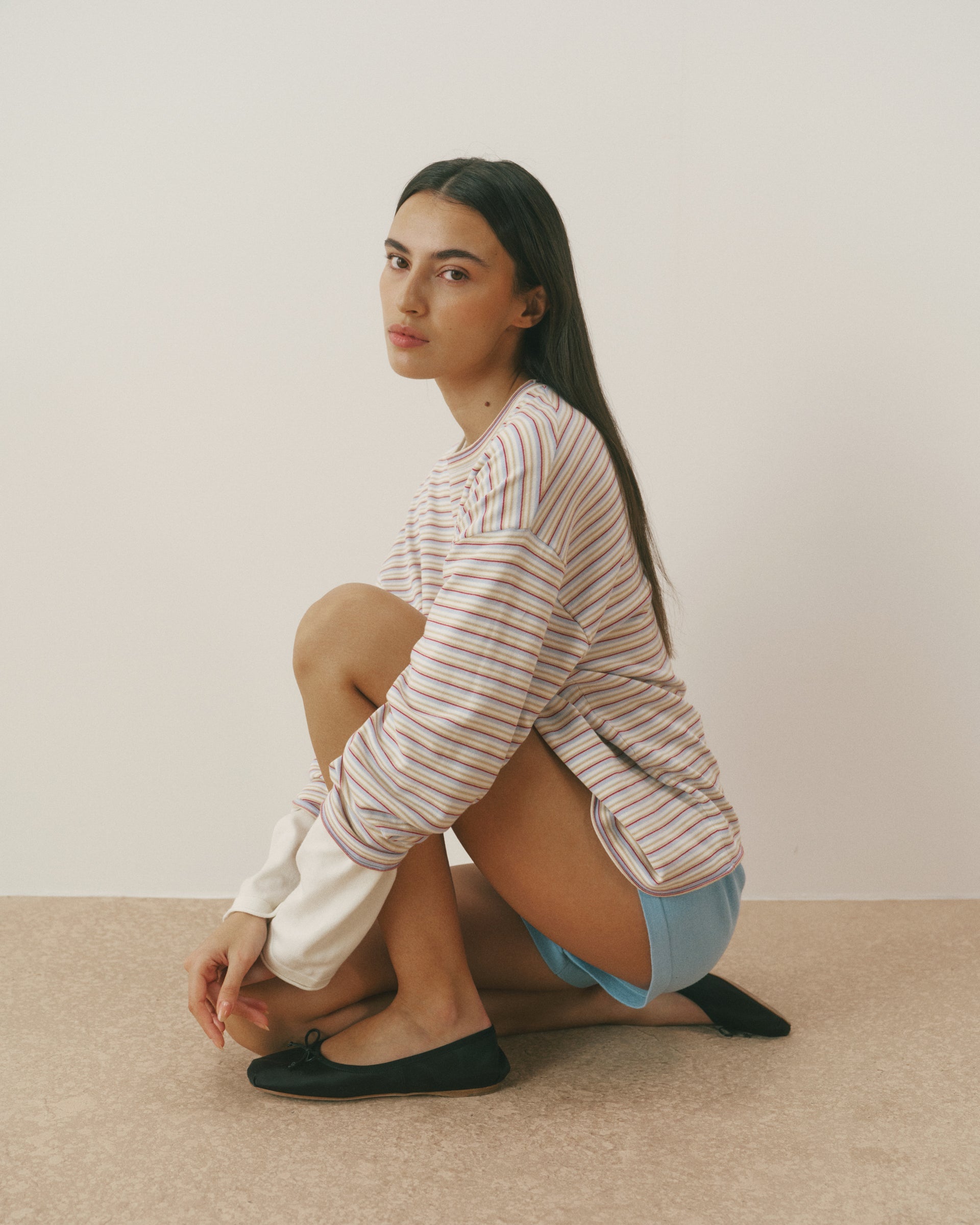 Varsity Knit Roll Hem Stripe Sweatshirt - Marshmallow White