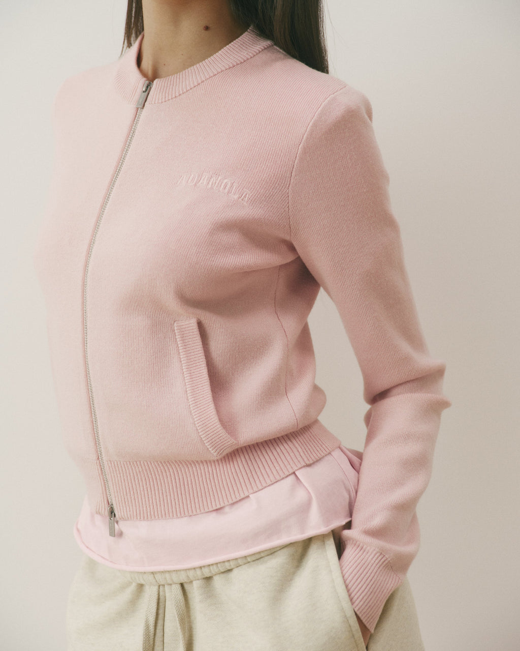 Varsity Knit Zip Through Cardigan - Pink