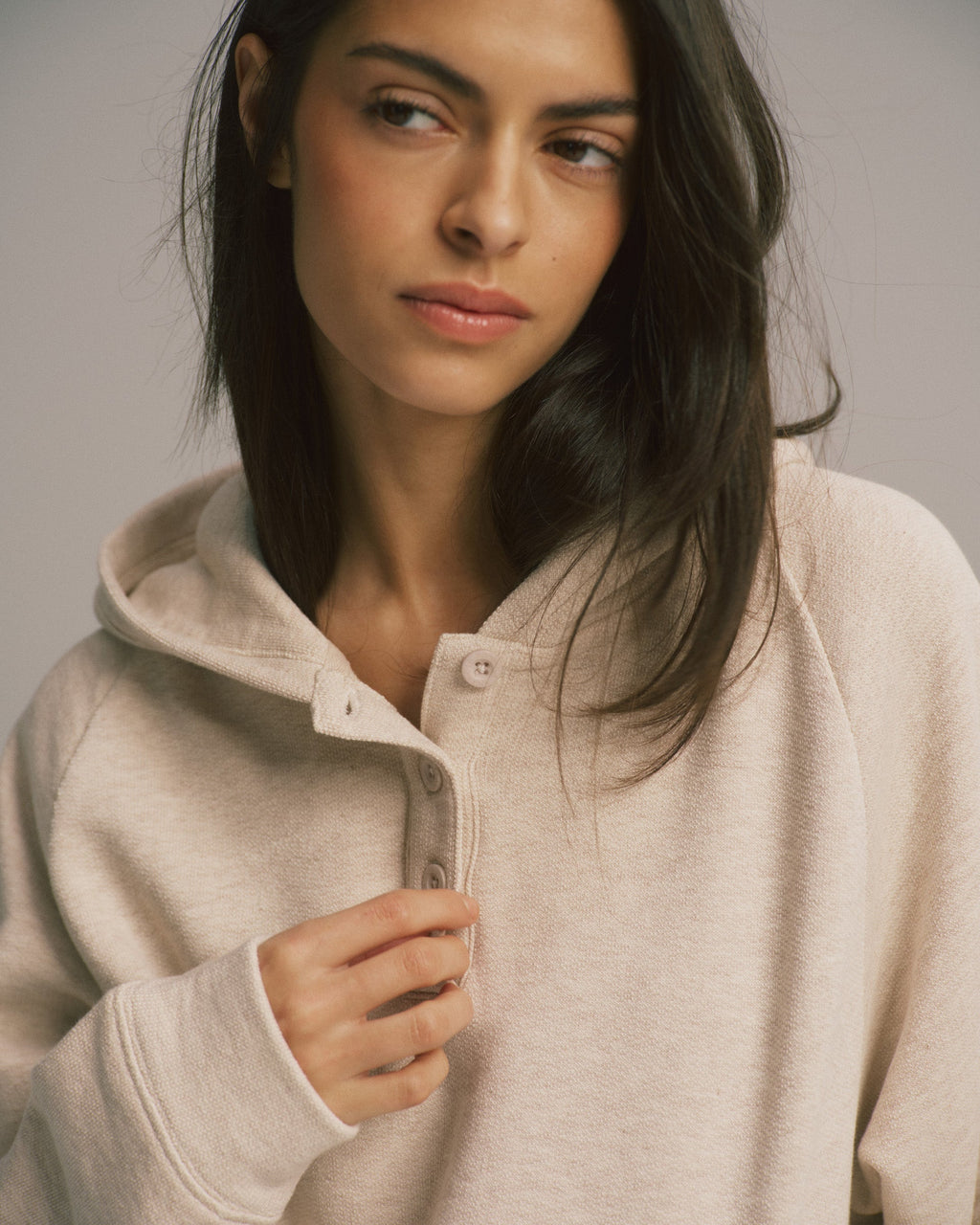 Loopback Henley Hoodie - Oatmeal Melange