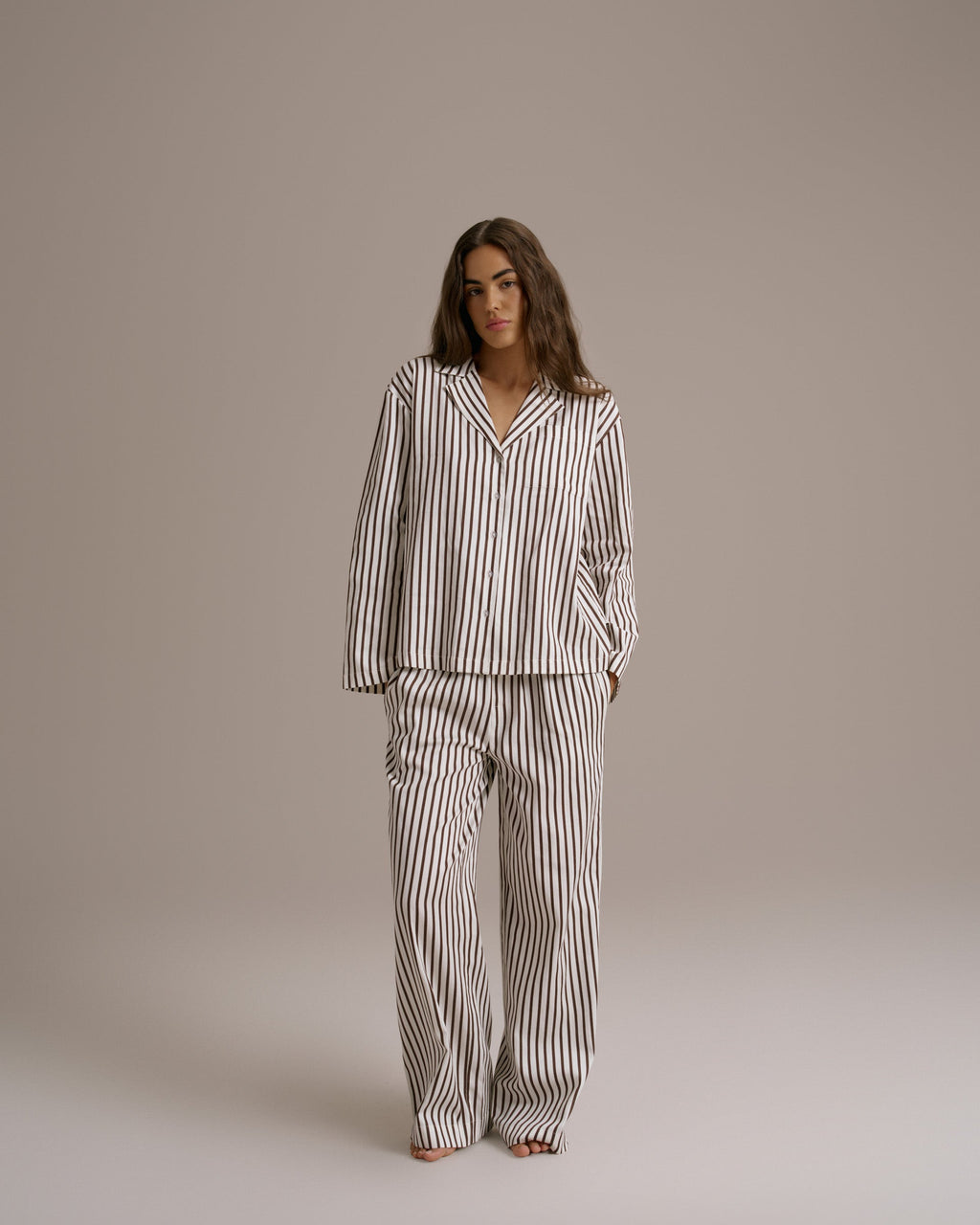 Cotton Sateen Stripe Pyjamas - Marshmallow White/Coffee Bean