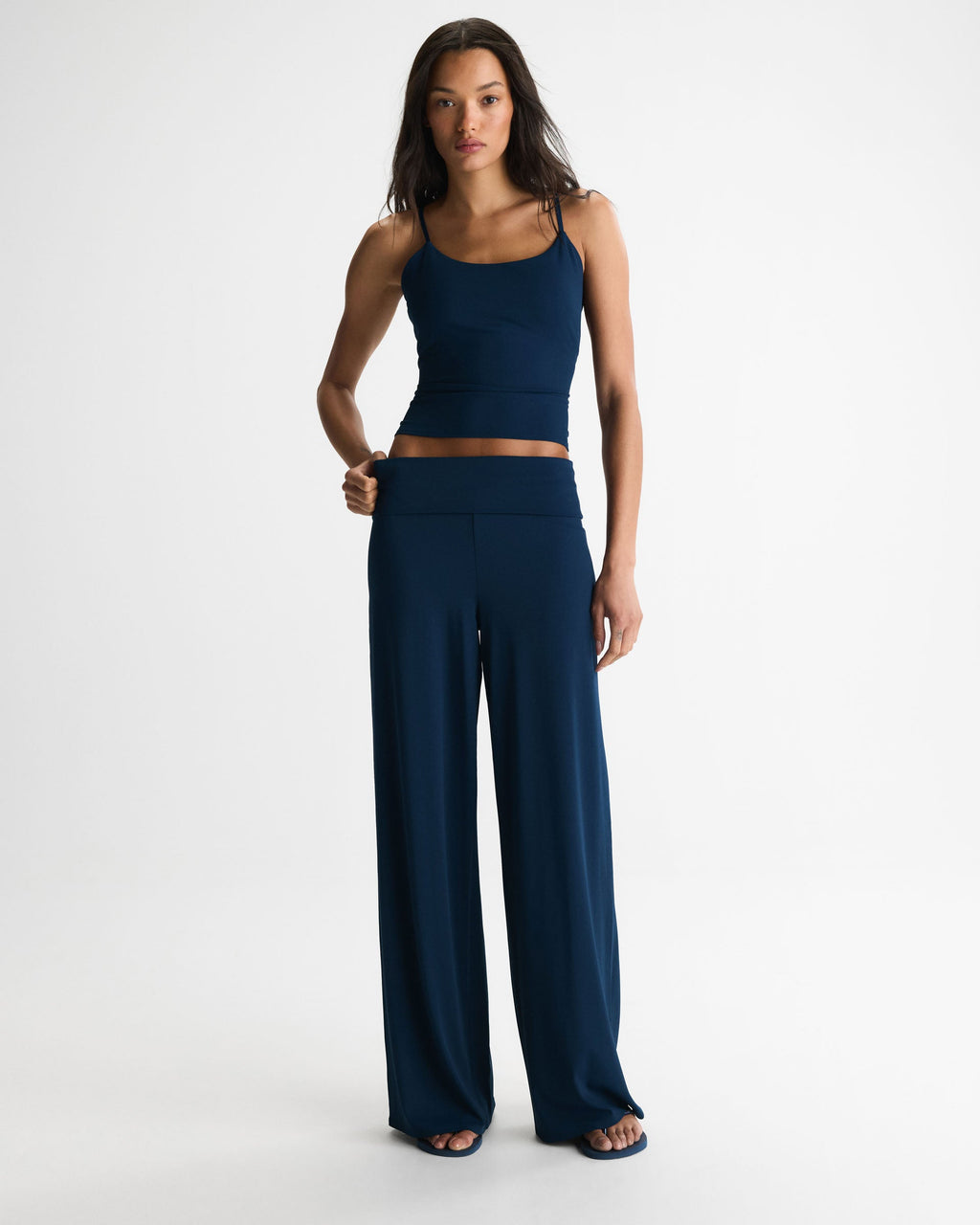 Fold Over Wide Leg Yoga Pant - Navy Blue