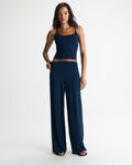 Fold Over Wide Leg Yoga Pant - Navy Blue
