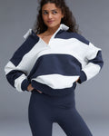 Stripe Oversized Henley Sweatshirt - Midnight Blue/Marshmallow White