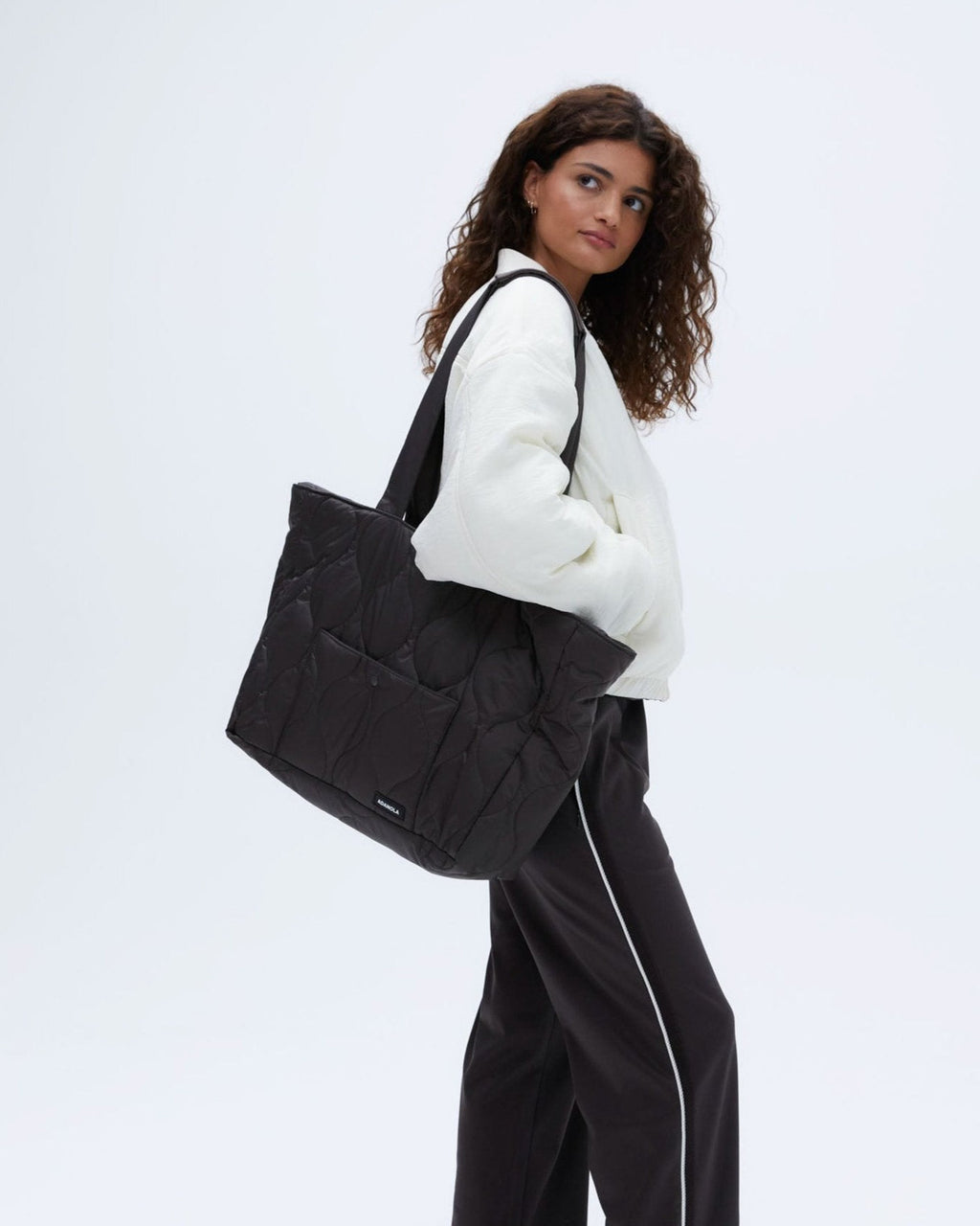 Quilted Nylon Tote Bag - Coffee Bean
